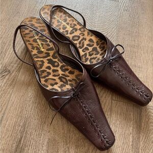 Brown Leather Slingback Mules with Leopard Insole
